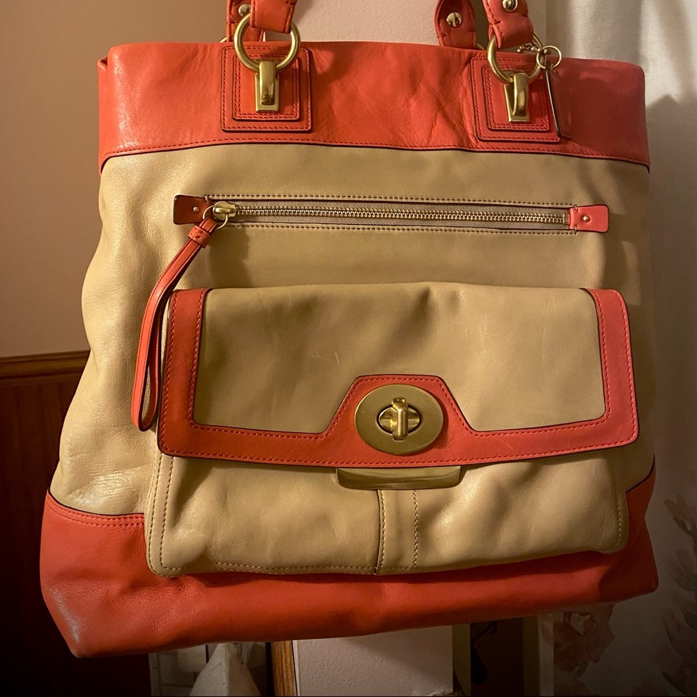 Large Coral and Cream COACH Shoulder Bag
